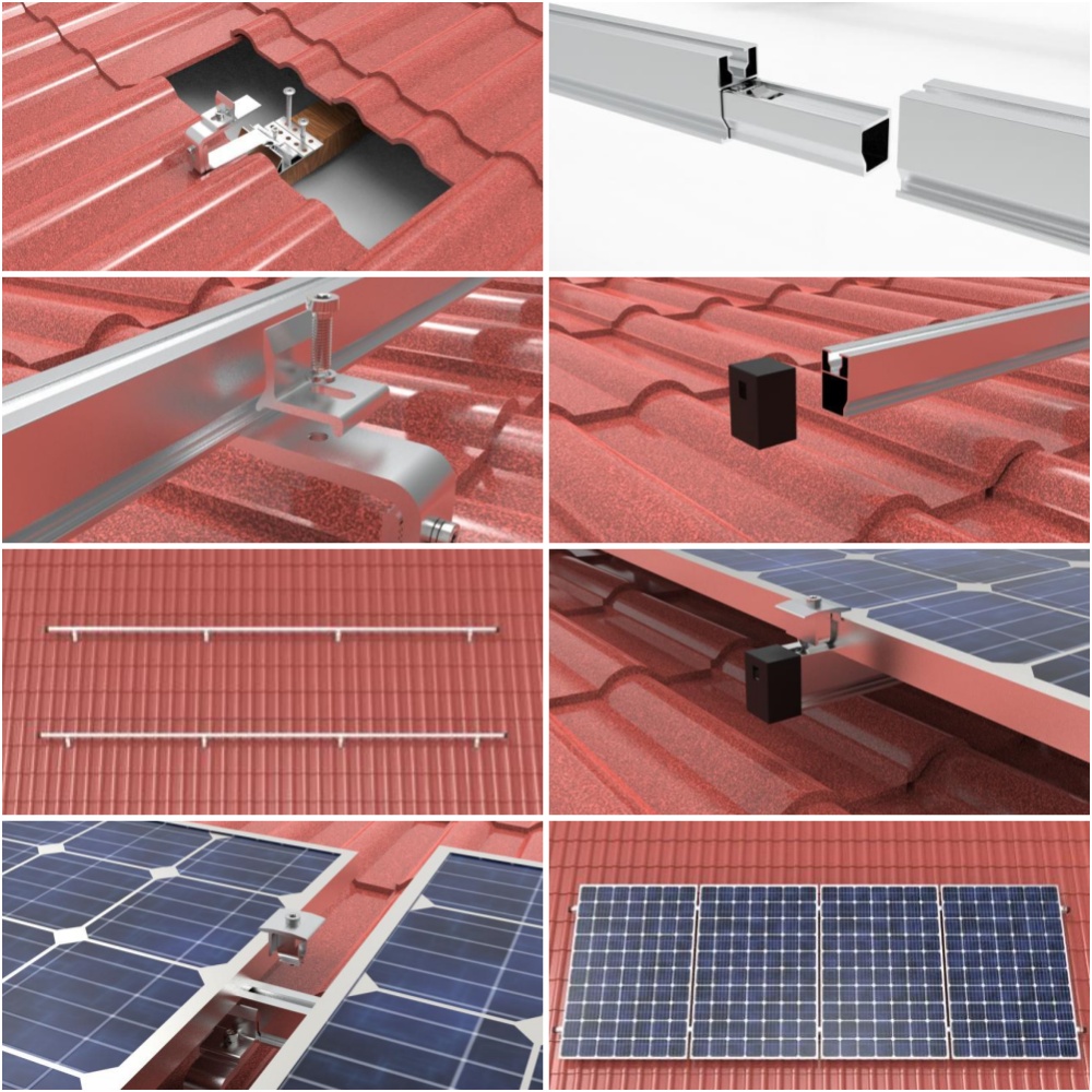 R121 Tile Roof Solar Mounting Installation Guide Installazione del sistema di montaggio solare per tetto in tegole R121 con ganci per tetto, binari e morsetti