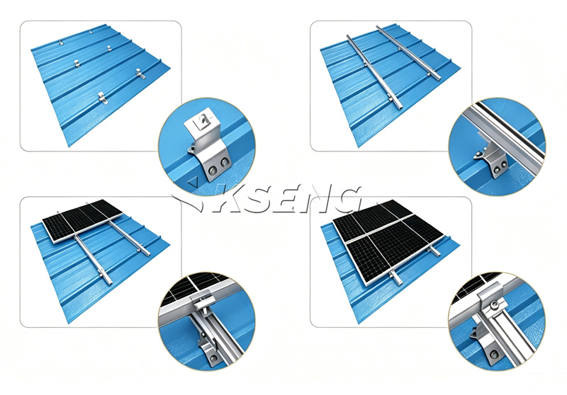 Kseng Drill Type Trapezoidal Metal Roof Solar Clamp Complete PV Mounting System Installation Step Drawing Diagramma delle fasi di installazione del morsetto solare per tetto in metallo trapezoidale di tipo trapano Kseng, processo di assemblaggio del sistema di montaggio fotovoltaico imbullonato con dispositivo AL6005-T5 e hardware SUS304
